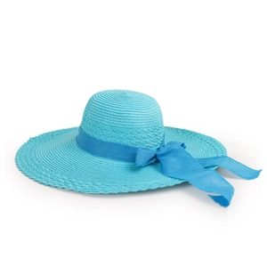 Detailed view of lake blue wide brim straw sun hat with decorative ribbon bow knot