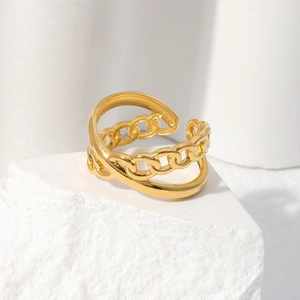 Detail of adjustable gold double-layer chain ring on a white geometric stone