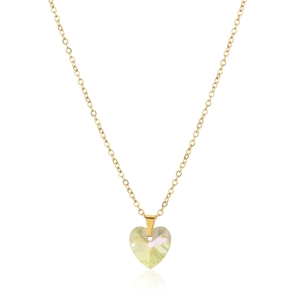 Detailed close-up of a golden heart pendant necklace with light yellow crystal on white