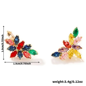 Detailed view of colorful marquise crystal leaf earrings with precise size dimensions
