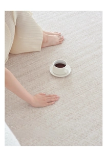 Close-up of beige waterproof carpet with textured fabric and anti-mite treatment