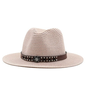 Unisex Western straw cowboy hat with brown leather band and vintage metal studs