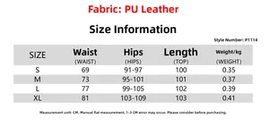 Guía de tallas para pantalones de cuero sintético con medidas de cintura y cadera en cm