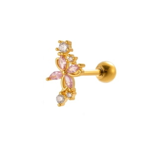 Gold flower stud earring with pink and clear zircon crystals on white background