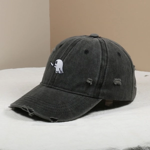 Distressed dark grey baseball cap with ghost embroidery and ripped details for unisex street style