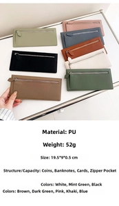 Detail showing ultra-thin long PU leather wallet with multiple card slots and zip pocket
