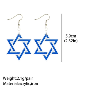 Macro view of blue acrylic Hanukkah star earrings showing 5.9cm size and 2.1g weight