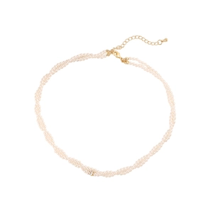 Elegant double-layered woven pearl necklace with zircon crystal and golden clasp details