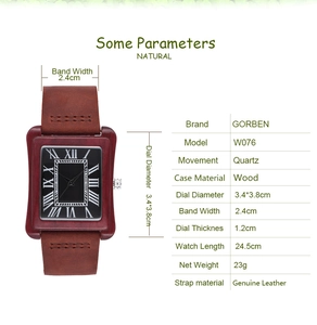 Detailed chart showing specs of wooden quartz watch with leather strap and Roman numerals