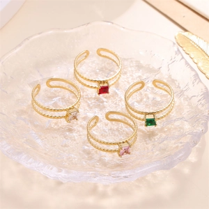 Minimalist Adjustable Open Ring 18K Gold Plated Stainless Steel Square Colorful Zircon Geometric Jewelry For Women
