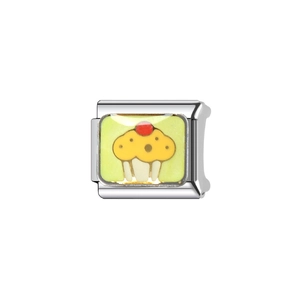 Italian charm link with yellow cupcake and red cherry on silver stainless steel