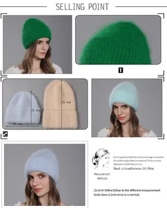 Size guide for winter raccoon fur knit beanie showing detailed dimensions and fur texture