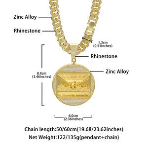 Hip hop gold plated necklace with Last Supper round medallion and iced out rhinestones