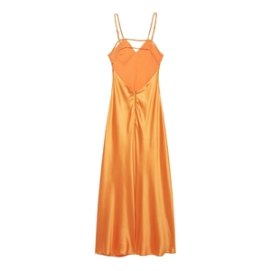 Detailed back view of orange satin midi dress showing V-back and silky texture details