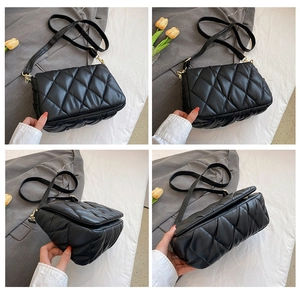 Multi-angle views of black quilted crossbody bag with gold hardware and soft padded texture