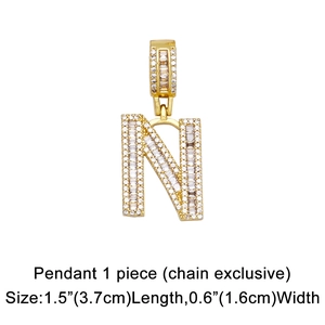 Detailed size view of the gold letter N pendant featuring sparkling baguette cubic zirconia