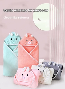 Detail of coral fleece baby hooded towels with various cute animal embroidery patterns
