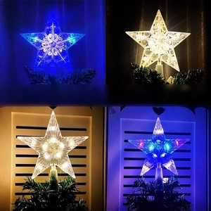 Close-up of lighted star tree topper with transparent texture and multicolor LED effects