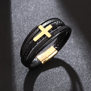Men's multilayer black leather bracelet with golden cross and magnetic clasp