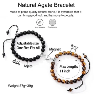 Bracelets de couple magnétiques en œil de tigre naturel et agate mate avec cœur