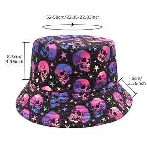 Skull print bucket hat with dimensions 56-58cm head size, 8.5cm height and 6cm brim