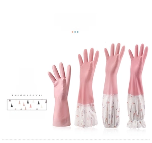 Detail of four pink PVC cleaning gloves with flamingo patterns and non-slip palm texture