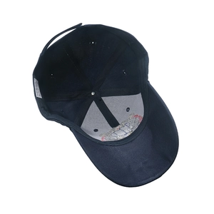 Detail view of the navy blue baseball cap interior with sweatband and wash label