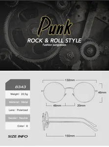 Detailed size chart for retro punk metal round polarized sunglasses model 8343