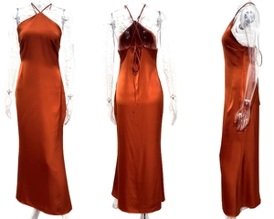 Three-view layout of backless satin halter maxi dress in caramel showing front and side