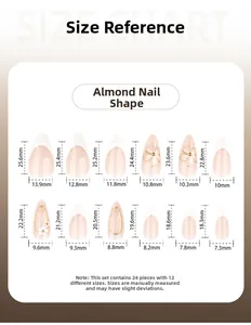 Detailed size guide for almond shaped press-on nails featuring 12 sizes and 24 pieces