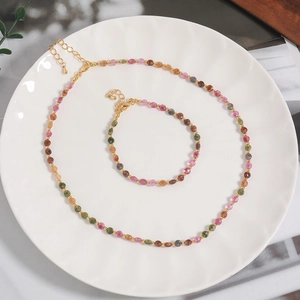 Natural Tourmaline Stone Beaded Necklace Colorful Handmade Stainless Steel Vintage Minimalist Clavicle Chain For Women