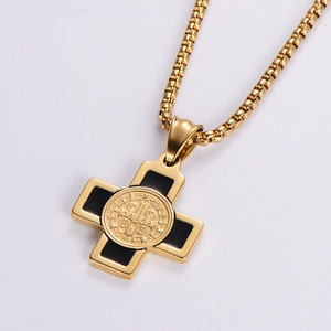 Golden stainless steel cross pendant necklace with black inlay and round embossed center
