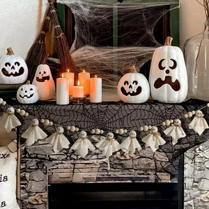 Halloween home decor set featuring wooden bead ghost garlands and white pumpkin lanterns