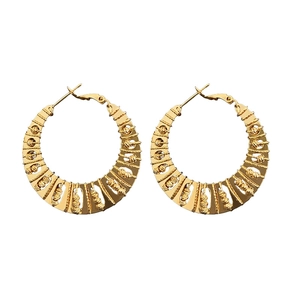 Elegant gold plated twisted hoop earrings with bohemian fan pattern and bead details