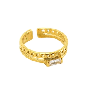 Gold double-layered open ring with Cuban chain band and rectangular cubic zirconia stone