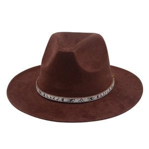 Classic dark brown wide brim fedora hat with snakeskin band and rhinestone accents