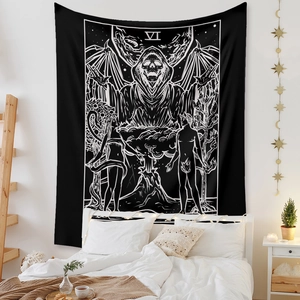 Detail of black and white Lovers tarot tapestry with soft warm lights decoration