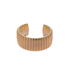 Minimalist gold open cuff ring with vertical textured stripes on white background