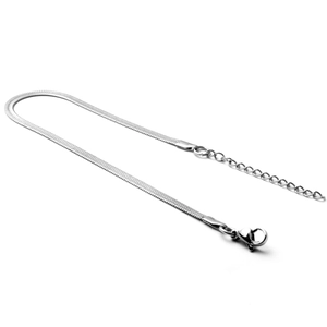 Sleek silver stainless steel flat snake chain necklace with lobster clasp and extension