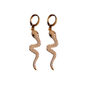 Gold plated snake hoop earrings with white cubic zirconia and black gemstone eyes