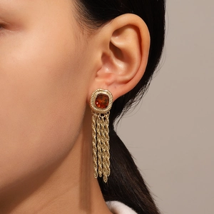 French Retro Gold Long Tassel Earrings Square Amber Gemstone Copper Geometric Twisted Chain Fringe Jewelry For Women