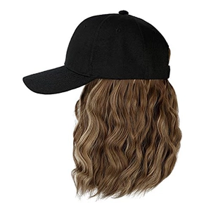 Black baseball hat with long brown wavy synthetic wig isolated on white background