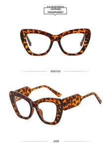 Front and side view of cat eye glasses frames with vintage leopard print patterns