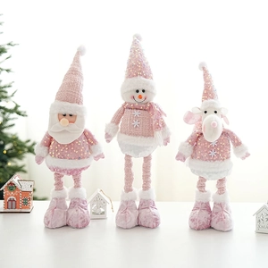 Pink sequin Christmas doll set with retractable legs featuring Santa Snowman and Reindeer