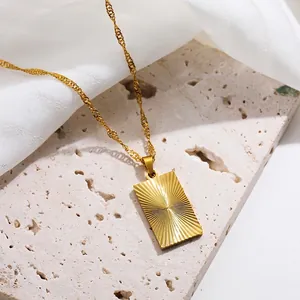 18K gold plated necklace with sunburst rectangular pendant and thin water wave chain