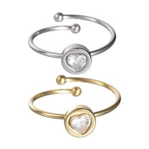 Minimalist 304 stainless steel open rings with heart zircon in gold and silver finish
