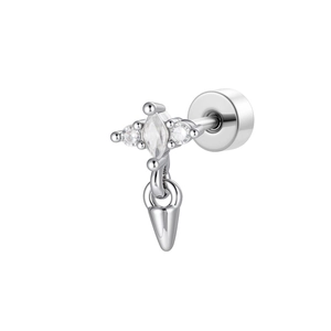 Silver cone cross earring with cubic zirconia and screw-back surgical steel post
