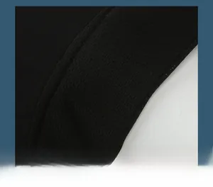 Detail of black sun hat showing the knitted ribbing and smooth fabric stitching