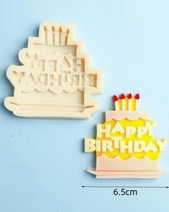 Detailed view of Happy Birthday cake silicone mold and finished 3D resin fondant art
