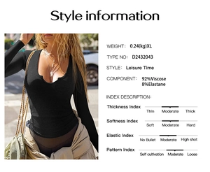 Tableau des tailles et infos style pour le haut Y2K noir à manches longues en viscose